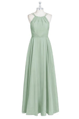 Formal Dresses With Sleeve, Sage Green Chiffon Halter A-Line Long Bridesmaid Dress