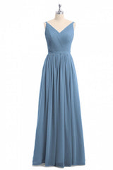 Long Sleeve Prom Dress, Simple Dusty Blue V-Neck Backless A-Line Long Bridesmaid Dress