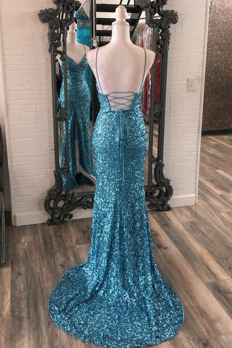 Prom Dress Store, Blue Sequin V-Neck Lace-Up Mermaid Long Dress with Slit