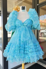 Prom Dress Sites, Blue Puff Sleeves Ruffles Babydoll Homecoming Dress with Bow