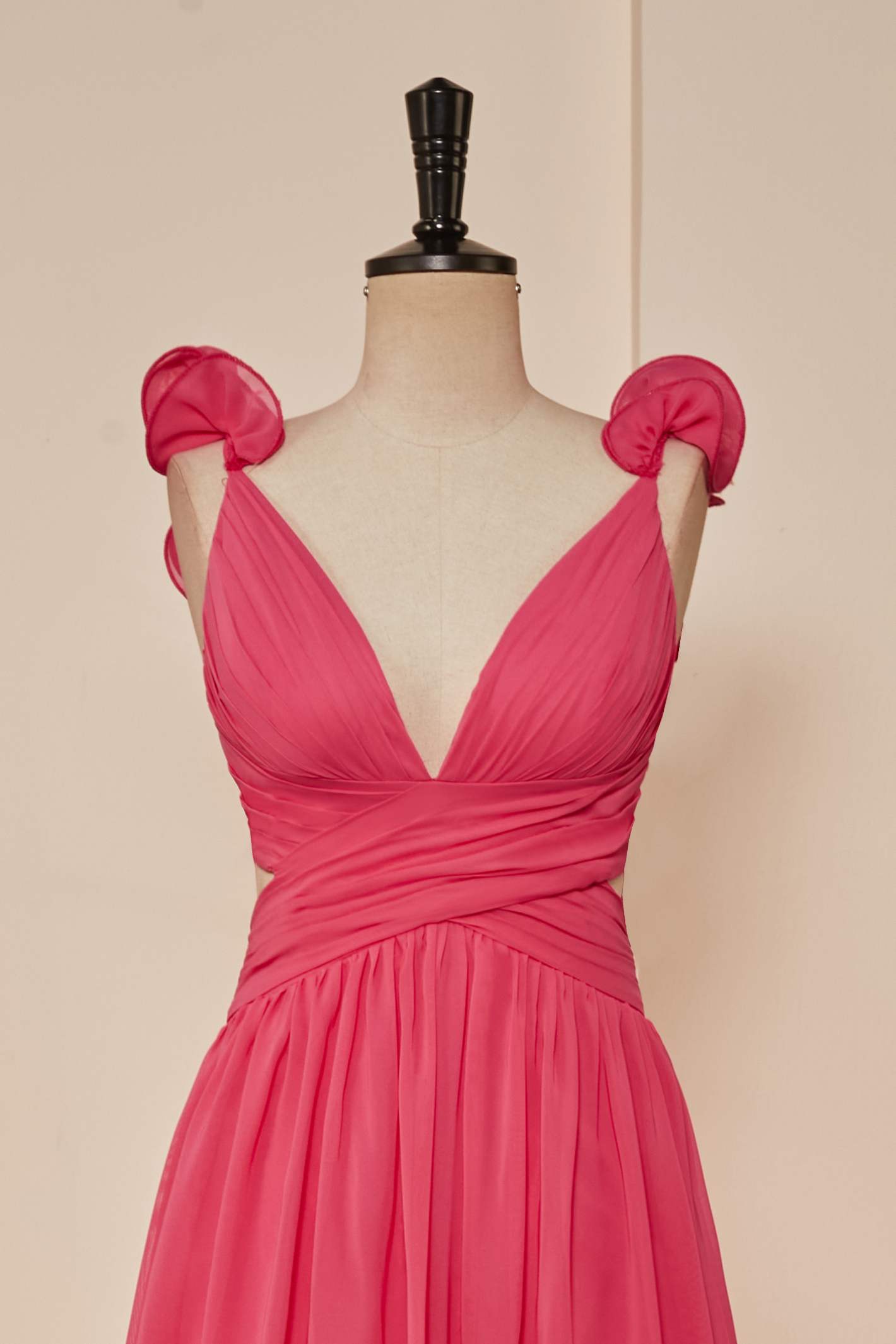 Evening Dress Black, Rose Pink Ruffle Shoulder Plunging V Neck A-line Lace-Up Long Prom Dress