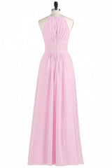 Prom Dress Off The Shoulder, Pink Chiffon Halter Sleeveless A-Line Long Bridesmaid Dress
