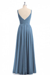 Black Formal Dress, Simple Dusty Blue V-Neck Backless A-Line Long Bridesmaid Dress