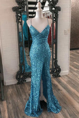 Prom Dress Stores, Blue Sequin V-Neck Lace-Up Mermaid Long Dress with Slit