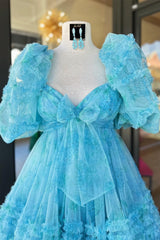 Prom Dresses Affordable, Blue Puff Sleeves Ruffles Babydoll Homecoming Dress with Bow