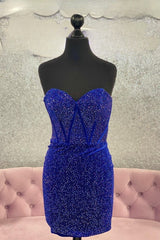 Evening Dresses Stores, Royal Blue Beaded Strapless Sheath Homecoming Dress