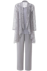 Party Dress Long Dress, Three-Piece Grey Lace Mother of the Bride Pant Suits