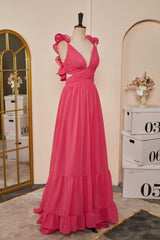 Evening Dress Gowns, Rose Pink Ruffle Shoulder Plunging V Neck A-line Lace-Up Long Prom Dress