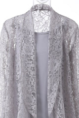 Party Dress Long, Three-Piece Grey Lace Mother of the Bride Pant Suits