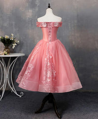 Party Dress Trends, Pink Tulle Lace Off Shoulder Short Prom Dress, Pink Homecoming Dress