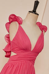 Evening Dresses Black, Rose Pink Ruffle Shoulder Plunging V Neck A-line Lace-Up Long Prom Dress