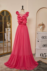 Evening Dresses Gown, Rose Pink Ruffle Shoulder Plunging V Neck A-line Lace-Up Long Prom Dress