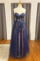 Bridesmaids Dresses Styles, Navy Floral Appliques Strapless A-Line Prom Dress