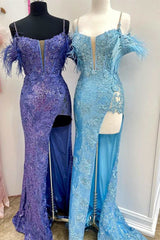 Formal Dress Wedding, Sequin Feather Cold-Shoulder Mermaid Long Prom Dress with Slit