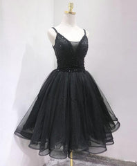 Bridesmaid Dresses Modest, Black Tulle Beads Short Prom Dress, Black Homecoming Dress