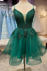 Party Dress Sleeves, Hunter Green Plunging V Neck Straps Appliques Tulle Homecoming Dress