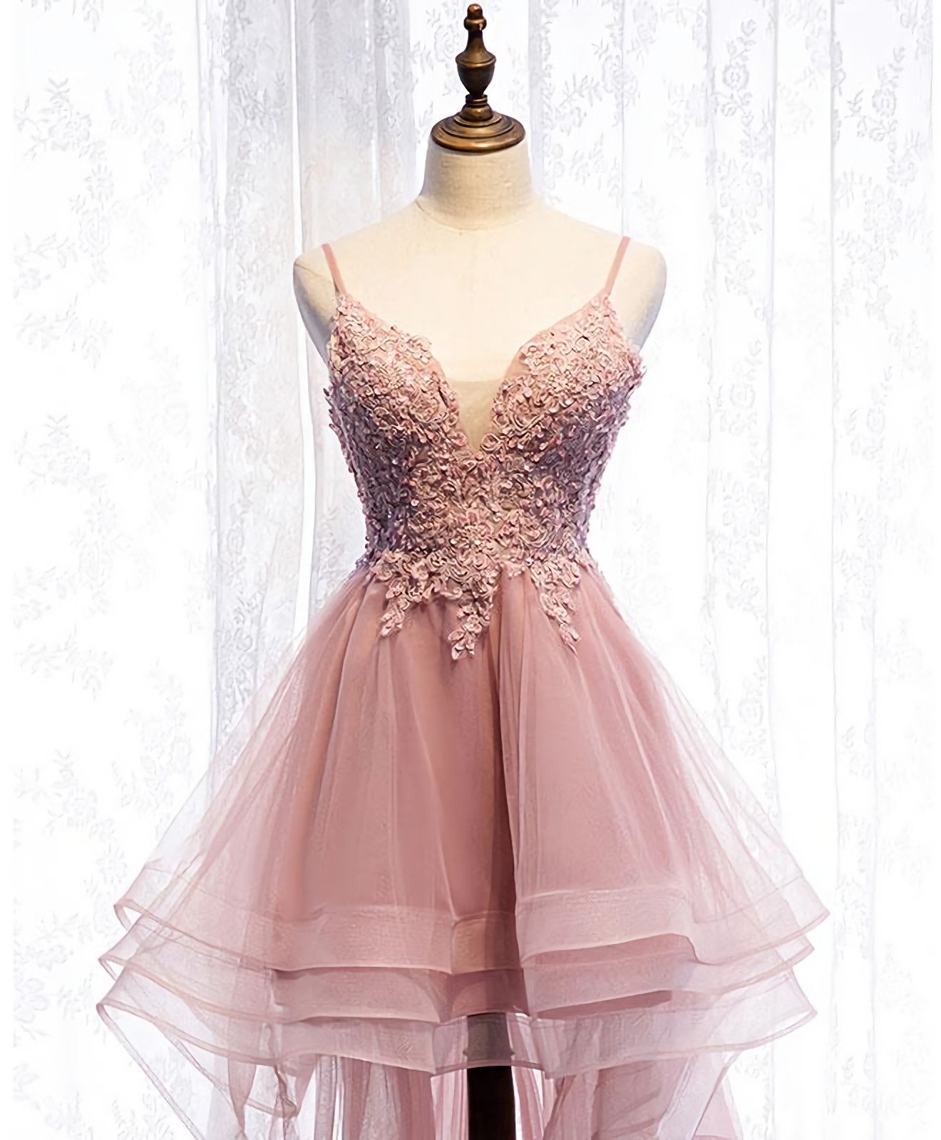 Party Dress Shop, Pink Tulle Lace High Low Prom Dress, Pink Homecoming Dress, 1