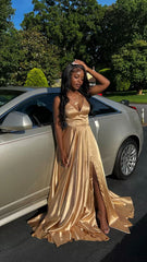 A Line V Neck Gold Prom Dresses, Sleeveless Satin Long Prom Dress