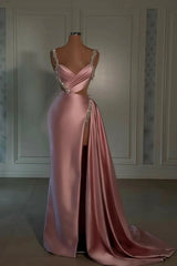 Glamorøs lyserød prom kjole kæreste spaghetti rem med høj spaltespor