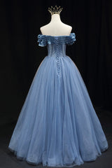 Dark Red Dress, Blue Tulle Beaded Long Prom Dress, Elegant A-Line Blue Evening Dress