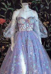 Bridesmaids Dresses Colorful, Light Purple A-line Tulle Floral Off Shoulder Sweetheart Evening Prom Dresses