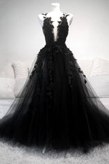 Homecomming Dresses Bodycon, Black V-Neck Tulle Lace Long Prom Dresses, Black A-Line Evening Dresses