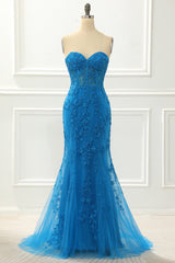 Evening Dresses, Blue Strapless Mermaid Prom Dress with Appliques
