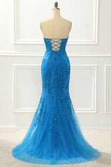Evening Dresses Velvet, Blue Strapless Mermaid Prom Dress with Appliques