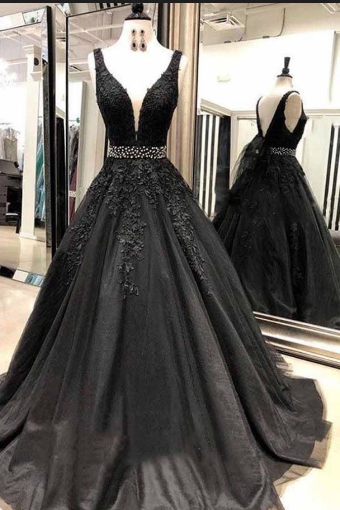 Prom Dresses Dress, 2024 Cheap Black V-neck Beaded Tulle Prom Dresses