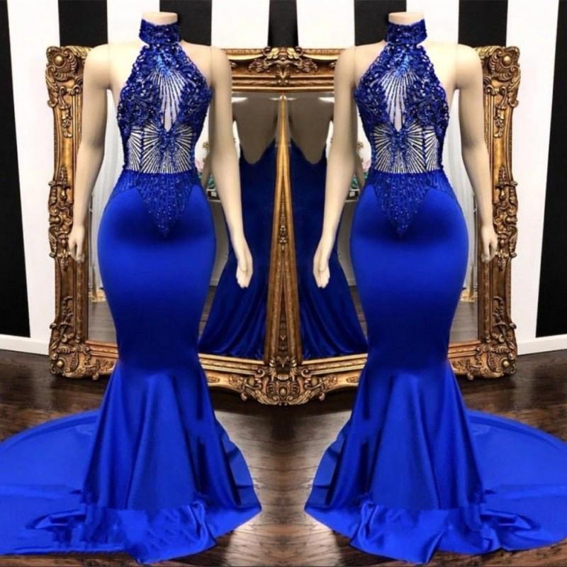 Prom Dress Style, 2024 High Neck Beaded Mermaid Royal Blue Prom Dresses