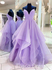 Homecomming Dress Long, Purple V Neck Sleeveless A Line Tulle Sequin Prom Dresses