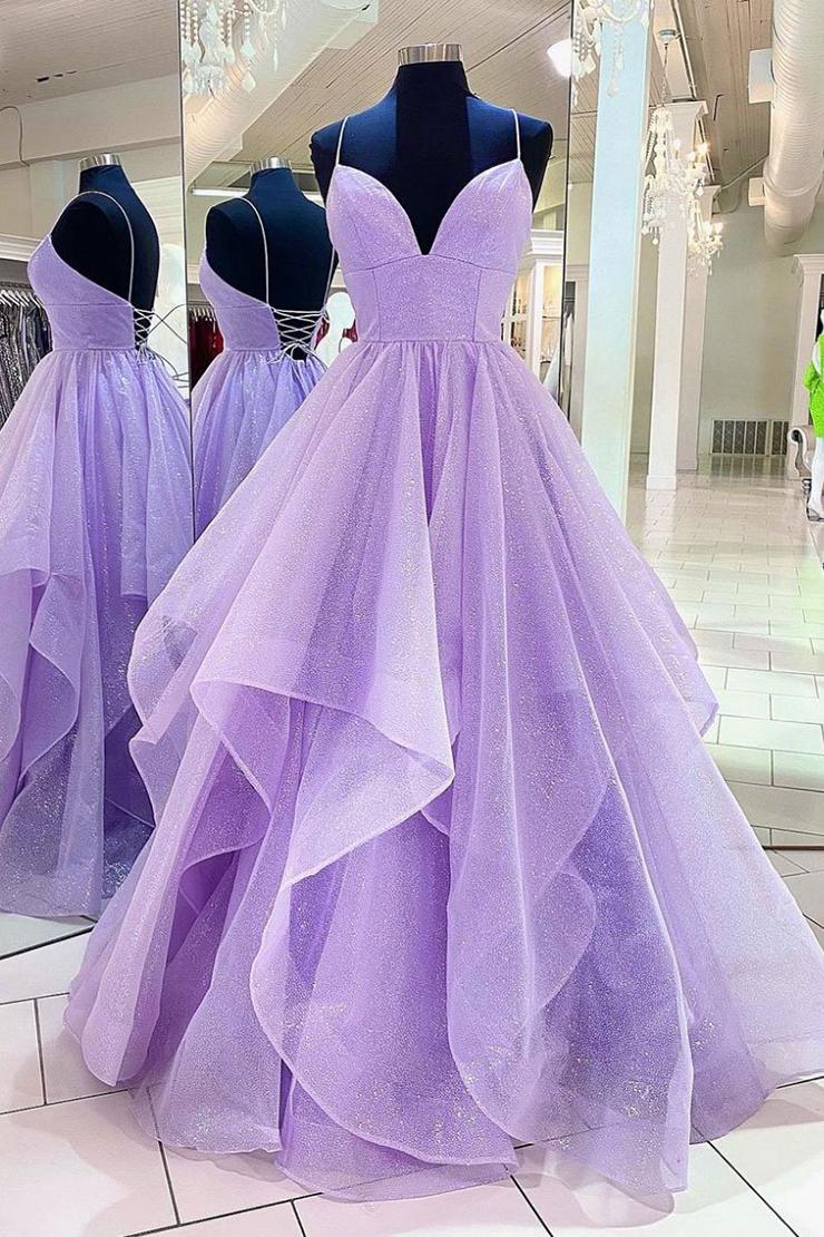 Evening Dresses Vintage, Purple V Neck Sleeveless A Line Tulle Sequin Prom Dresses