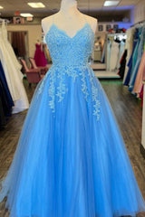 Prom Dress For Short Girl, Blue Tulle Appliques Lace-Up Back A-Line Prom Dress