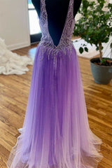 Homecoming Dresses Green, Purple Beaded Plunge Neck Long Prom Dress with Slit