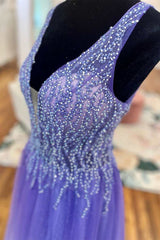 Homecomming Dresses Green, Purple Beaded Plunge Neck Long Prom Dress with Slit