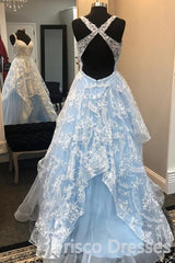 Ballgown, Elegant Light Blue A-Line Sweetheart Open Back Appliques Long Prom Dresses