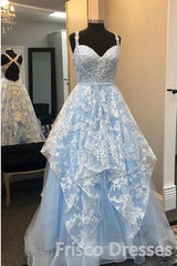 Blue Gown, Elegant Light Blue A-Line Sweetheart Open Back Appliques Long Prom Dresses