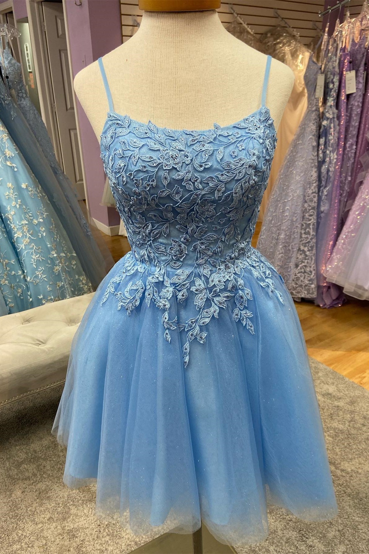 Wedding Pictures, Light Blue Appliques Straps Tulle Homecoming Dress