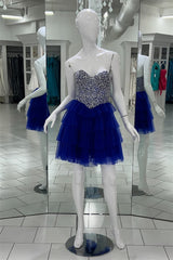 Evening Dress Near Me, Royal Blue Beaded Top A-line Multi-Layers Homecoming Dress
