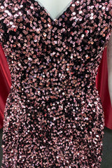 Champagne Prom Dress, Dark Pink Sequin Strapless A-Line Homecoming Dress