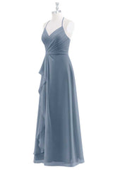 Evening Dresses 16, Dusty Blue Chiffon Halter Backless Ruffled Long Bridesmaid Dress