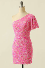 Prom Dresses Style, Pink Sequin One-Sleeve Bodycon Homecoming Dress