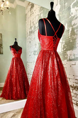 Maxi Dress, A-Line Red Sequin Lace-Up Long Prom Dress