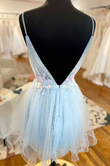 Bridal Bouquet, Light Blue Tulle Open Back A-Line Short Party Dress