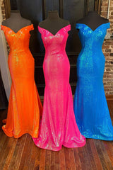 Homecoming Dress Short Tight, Off the Shoulder Orange Mermaid Long Prom Dress
