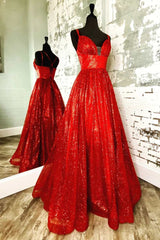 Gold Prom Dress, A-Line Red Sequin Lace-Up Long Prom Dress