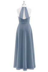 Evening Dresses For Over 56S, Dusty Blue Chiffon Halter Backless Ruffled Long Bridesmaid Dress