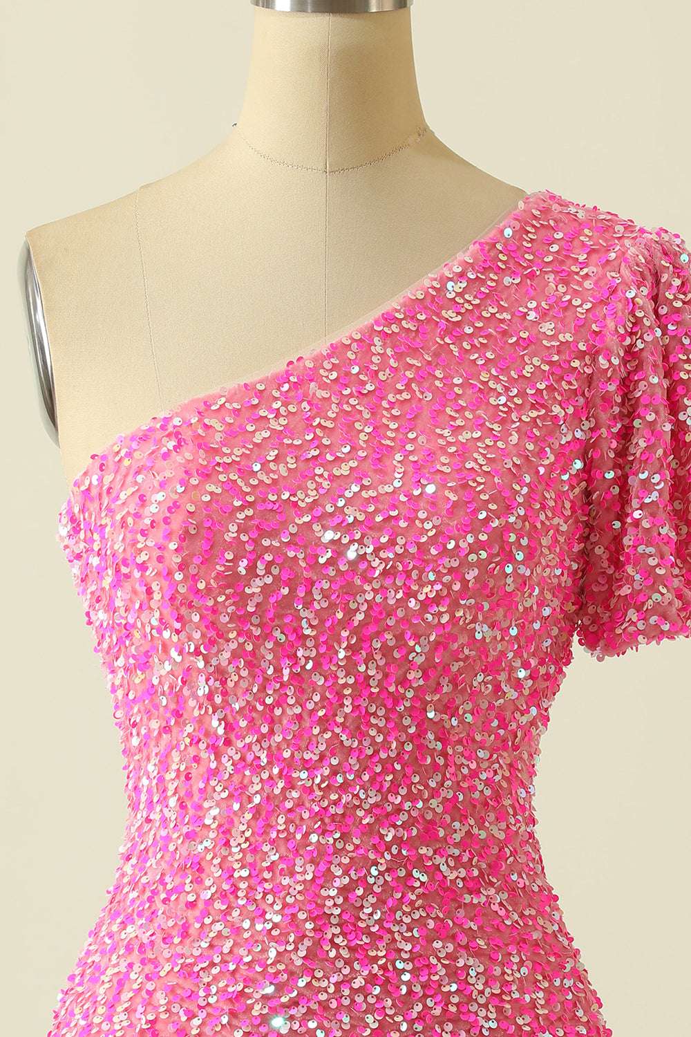 Prom Dress On Sale, Pink Sequin One-Sleeve Bodycon Homecoming Dress