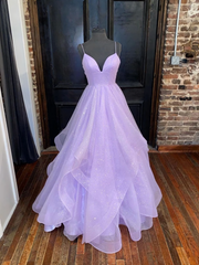Bridesmaids Dresses By Color, A Line V Neck Shiny Purple Long Prom Dresses, Shiny V Neck Purple Formal Evening Dresses