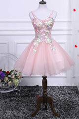 Party Dresses For Teens, Two-Piece Pink Appliques Straps A-Line Short Party Dress